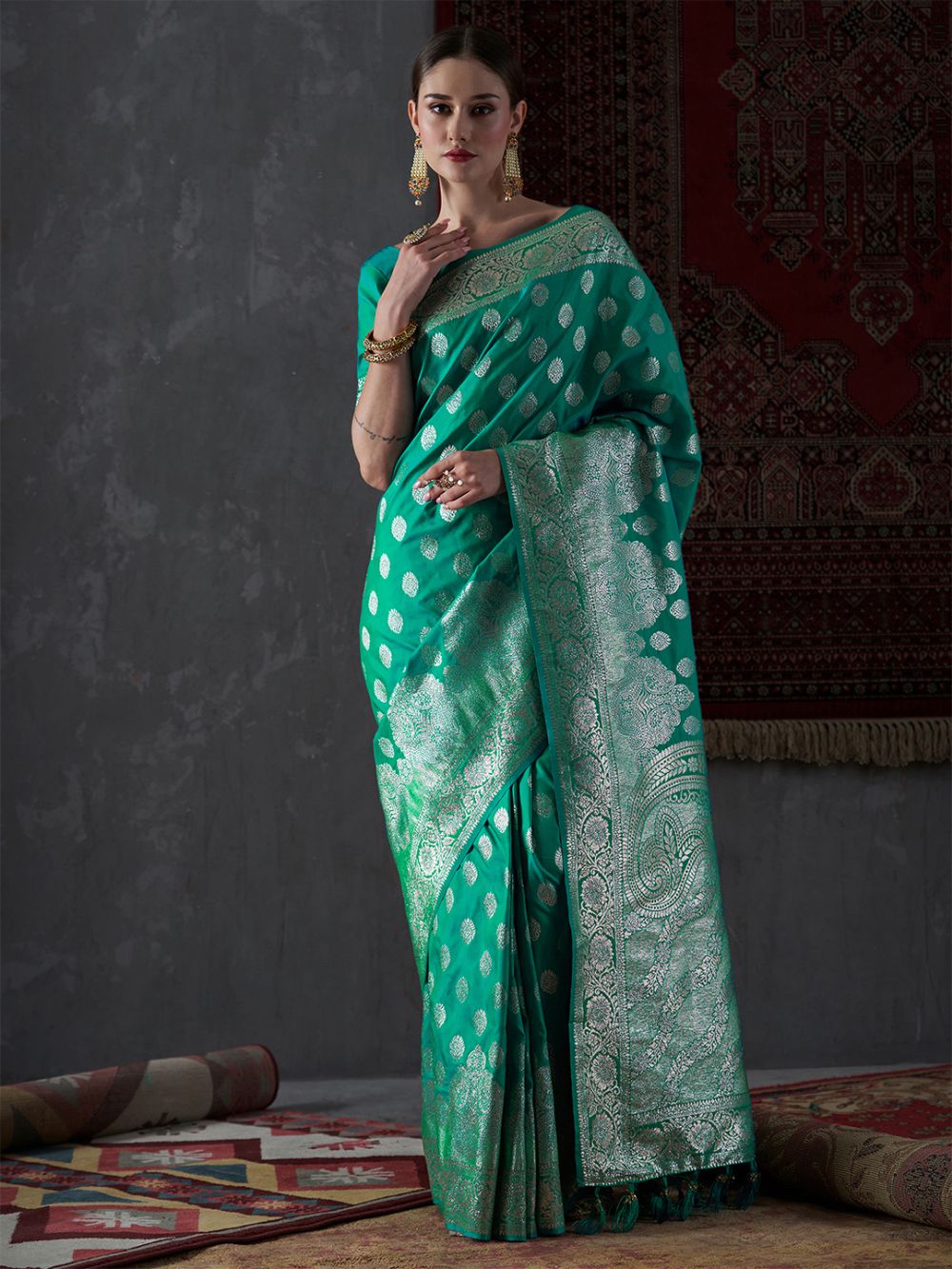 Mahi Turquoise Silk Printed One Minute Saree