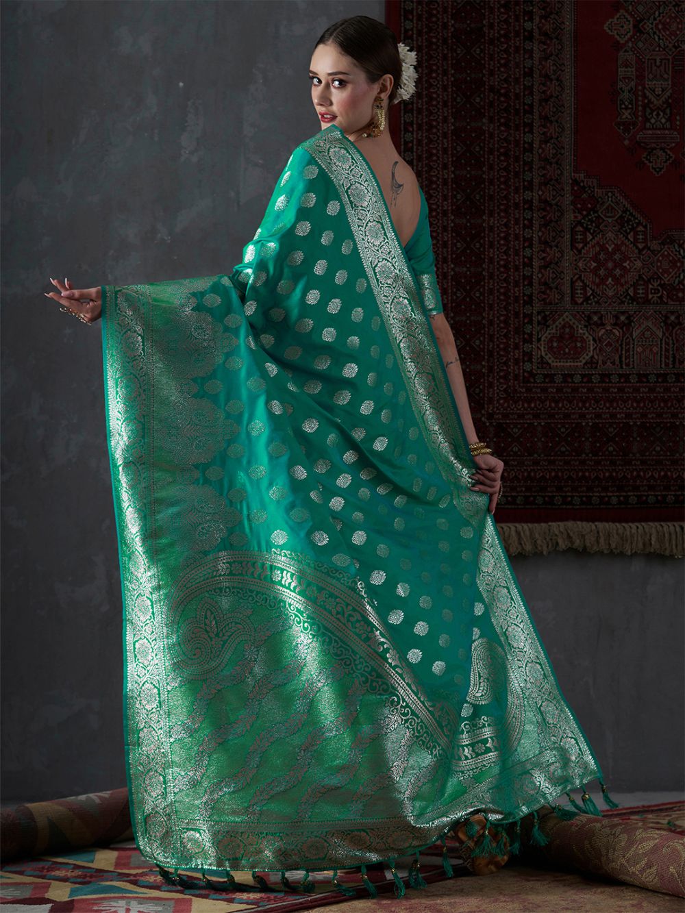 Mahi Turquoise Silk Printed One Minute Saree