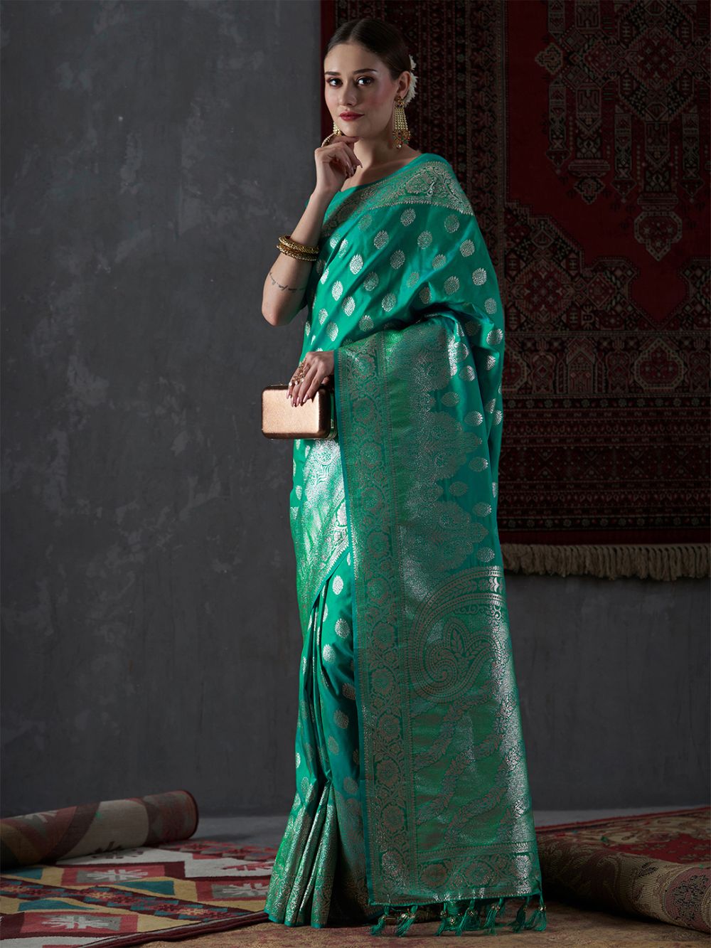 Mahi Turquoise Silk Printed One Minute Saree