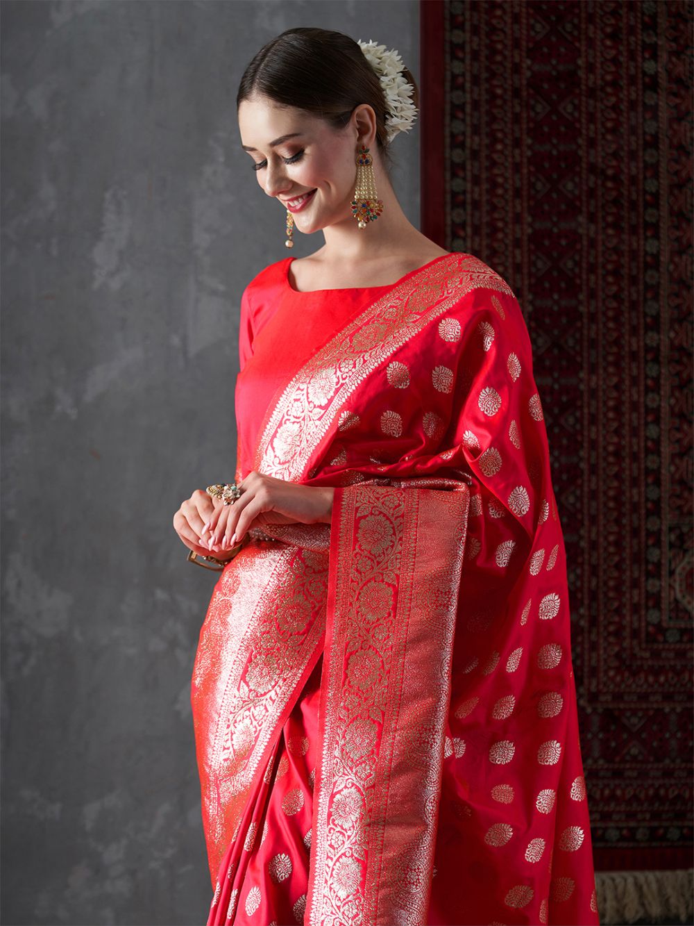 Misha Red Silk Printed One Minute Saree