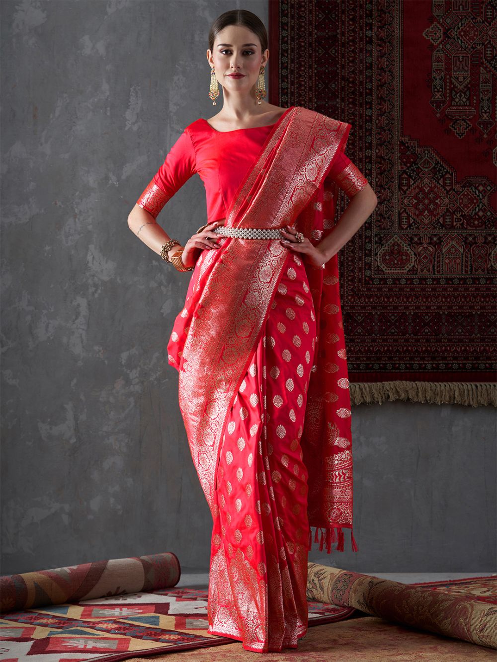 Misha Red Silk Printed One Minute Saree