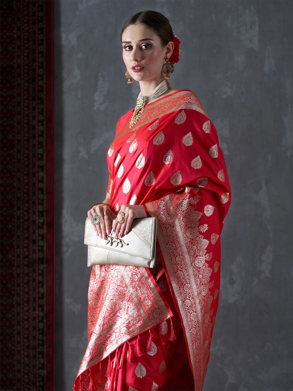 Mahi Red & Gold Silk Printed One Minute Saree