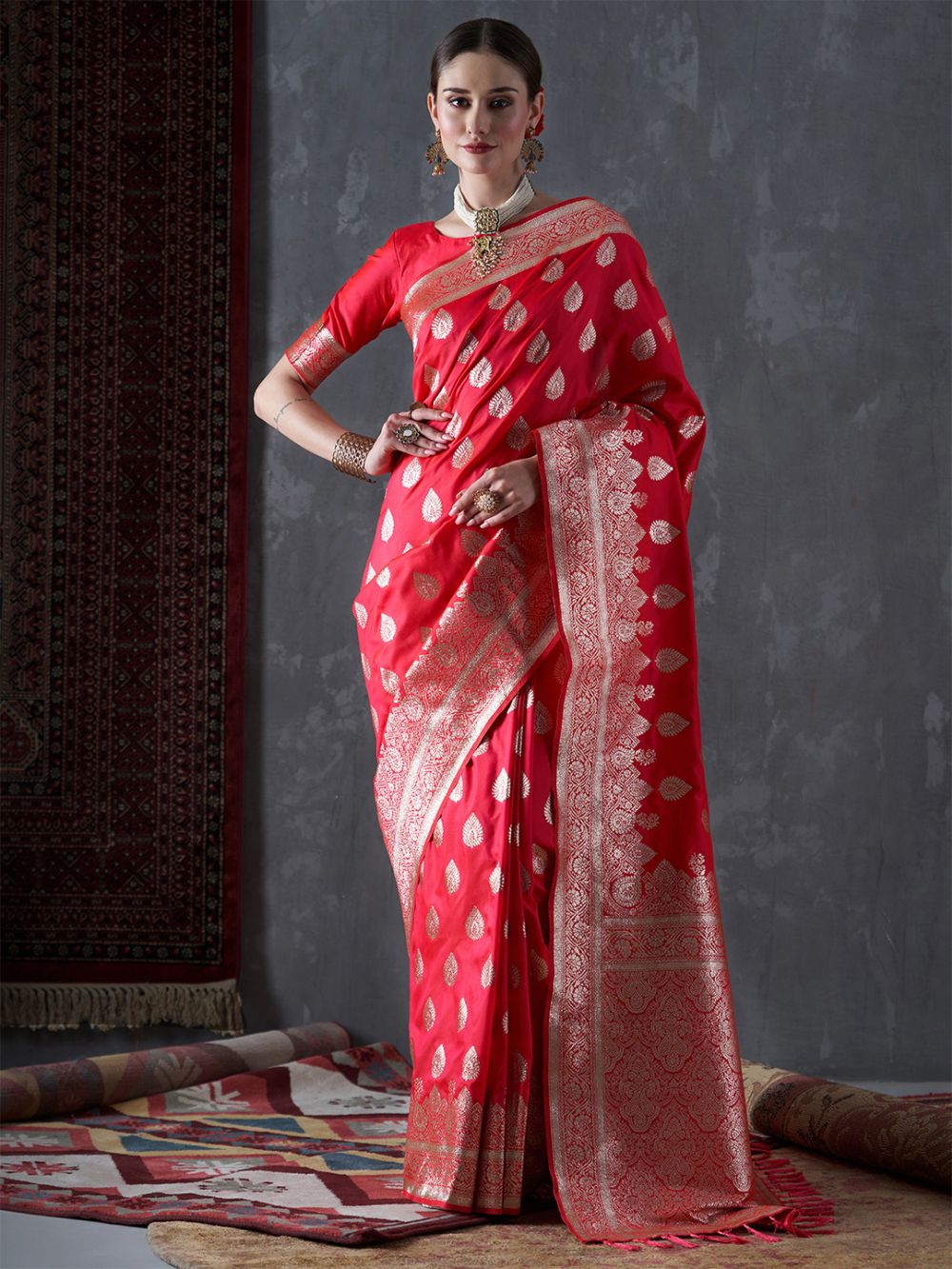 Mahi Red & Gold Silk Printed One Minute Saree