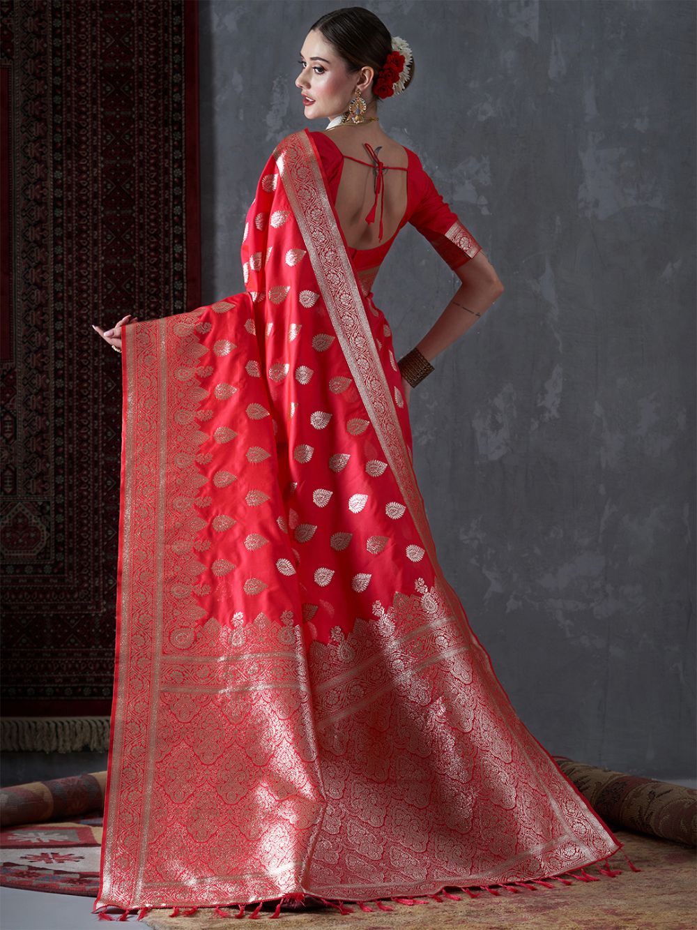 Mahi Red & Gold Silk Printed One Minute Saree