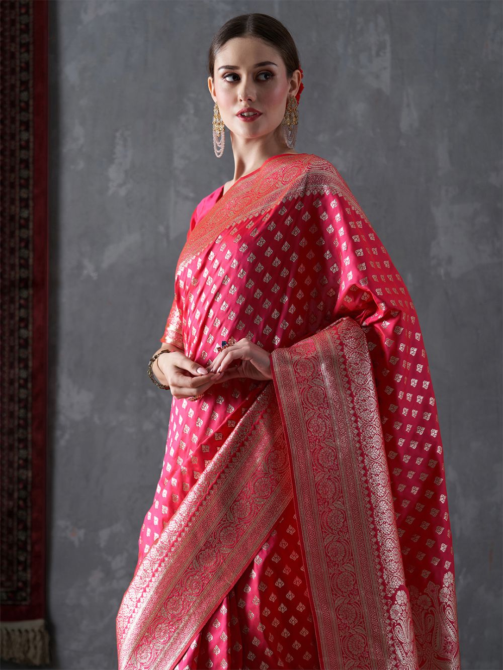 Mahi Pink & Gold Silk Printed One Minute Saree