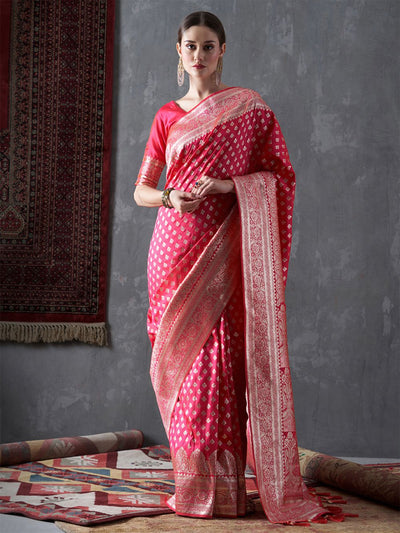 Mahi Pink & Gold Silk Printed One Minute Saree