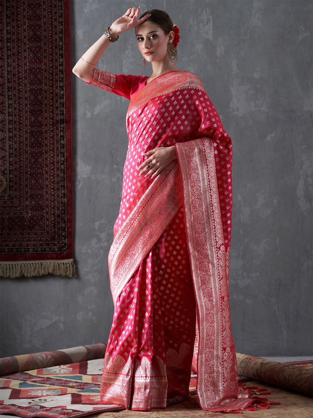 Mahi Pink & Gold Silk Printed One Minute Saree