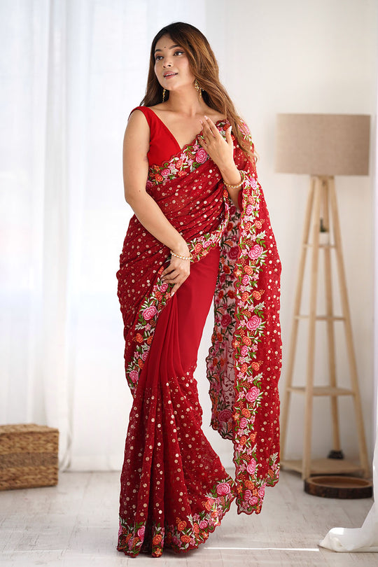 Isabella Red Georgette with Sequins & Floral Work One Minute Saree