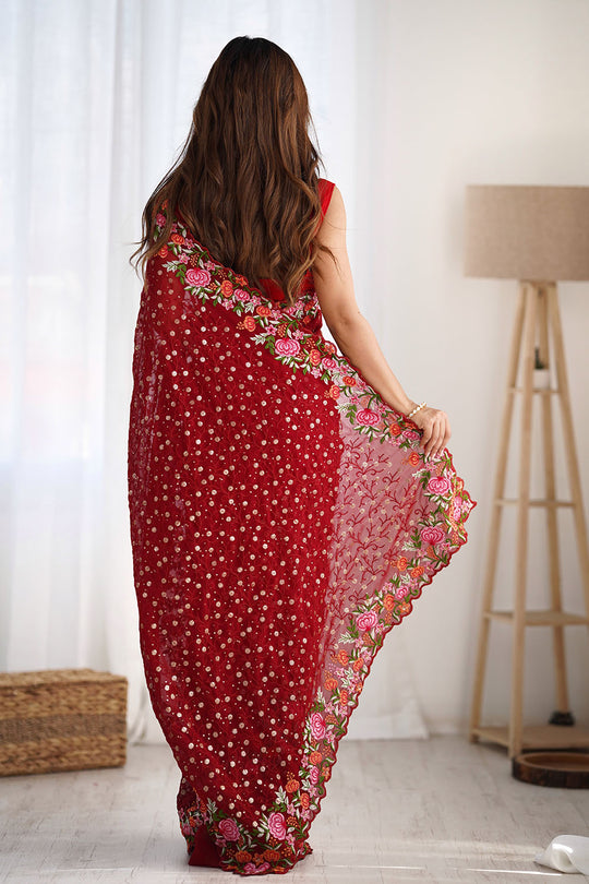 Isabella Red Georgette with Sequins & Floral Work One Minute Saree