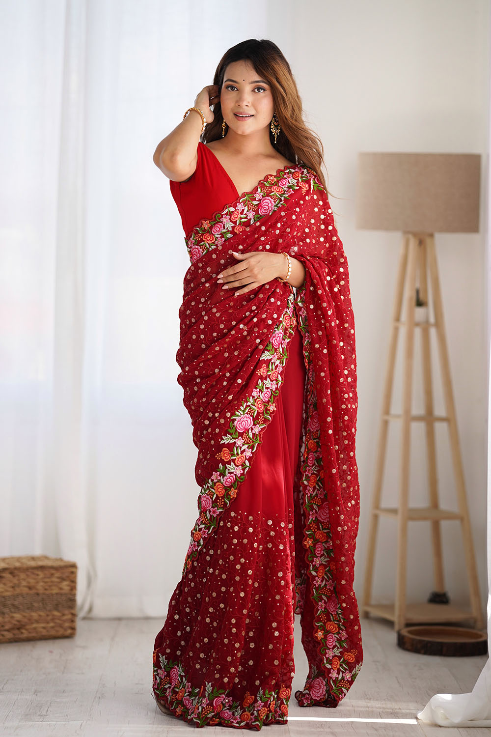 Isabella Red Georgette with Sequins & Floral Work One Minute Saree