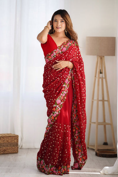 Isabella Red Georgette with Sequins & Floral Work One Minute Saree