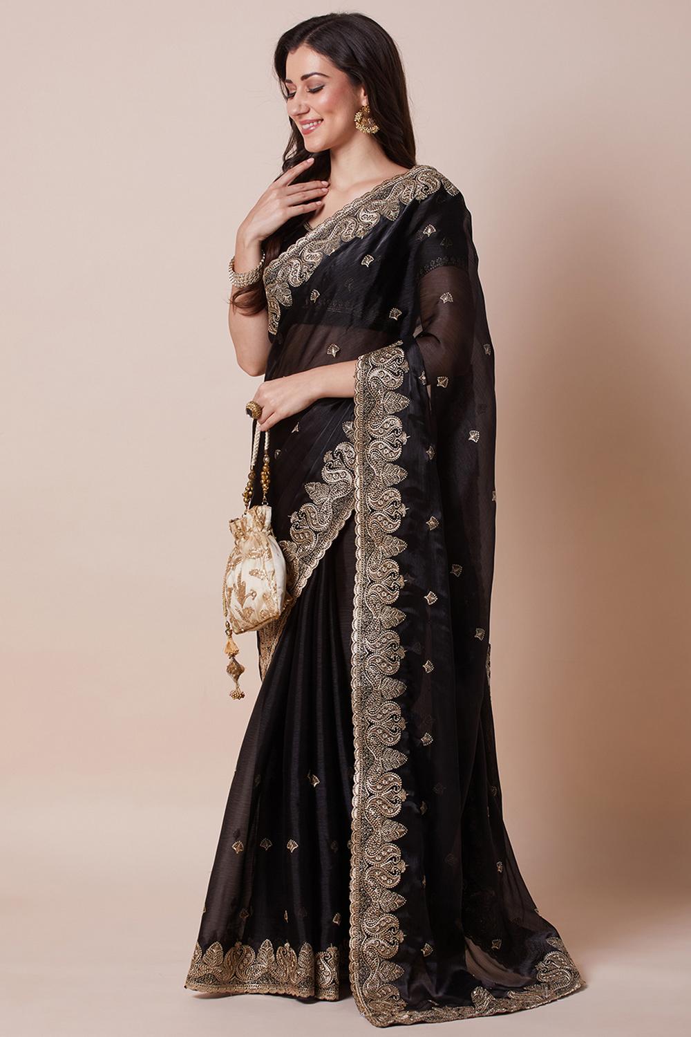 Yuli Black Organza Zari Embroidered Ready to Wear Saree