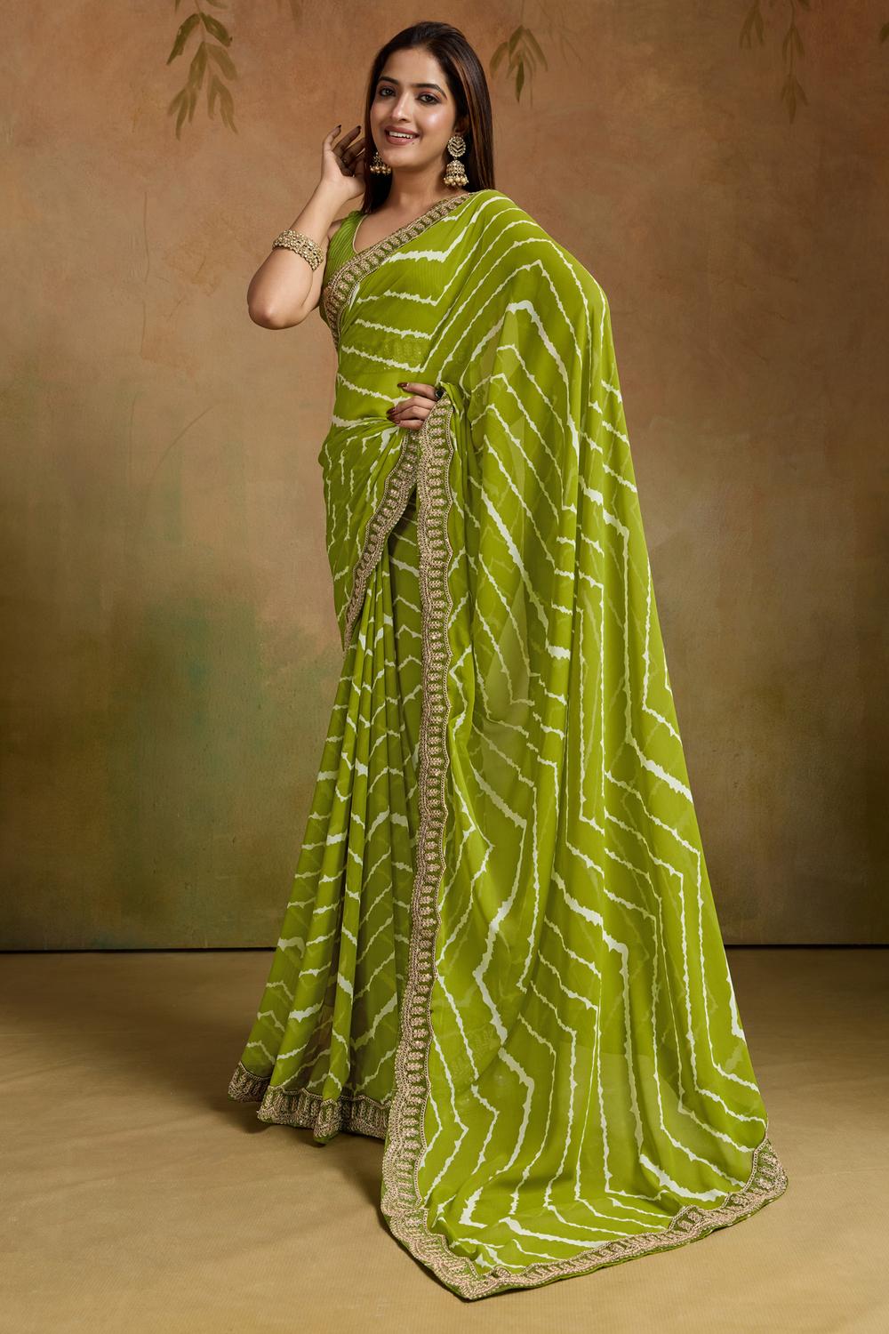 Malina Light Green Georgette Bandhani Striped Ready to Wear One Minute Saree