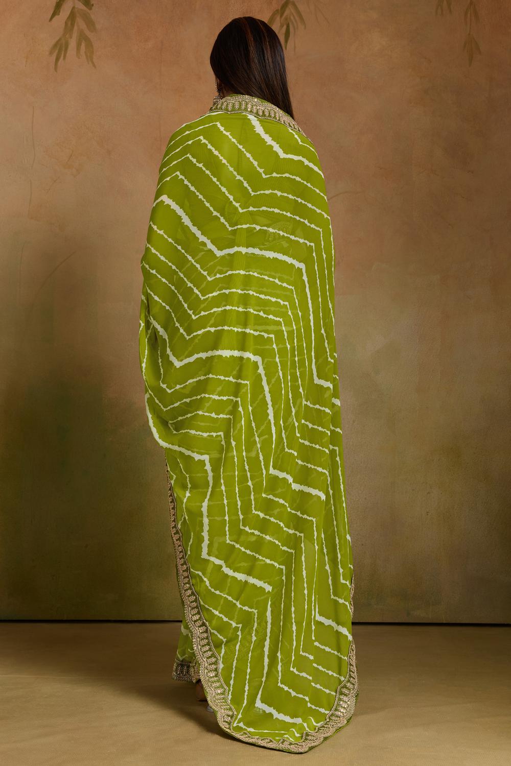 Malina Light Green Georgette Bandhani Striped Ready to Wear One Minute Saree