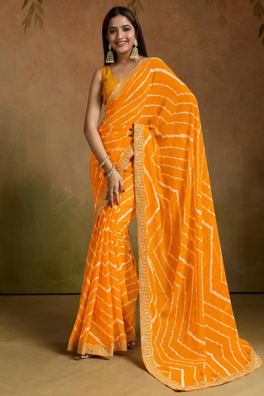 Buy Mayuri Yellow Georgette Striped Ready to Wear One Minute Saree