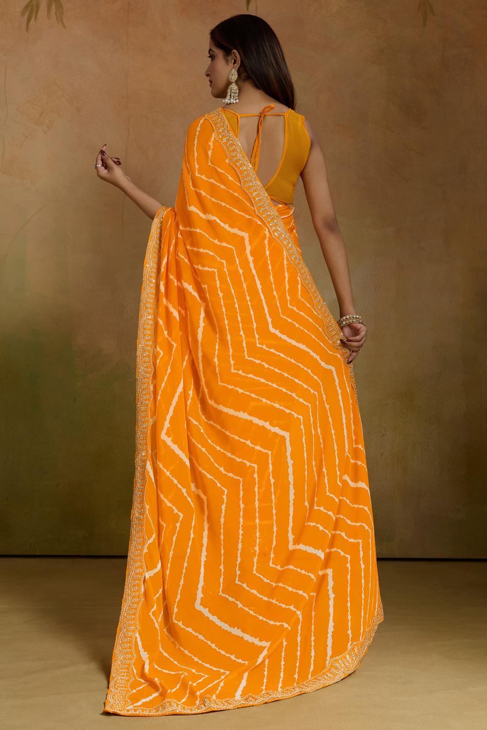 Malina Yellow Georgette Bandhani Striped Ready to Wear One Minute Saree