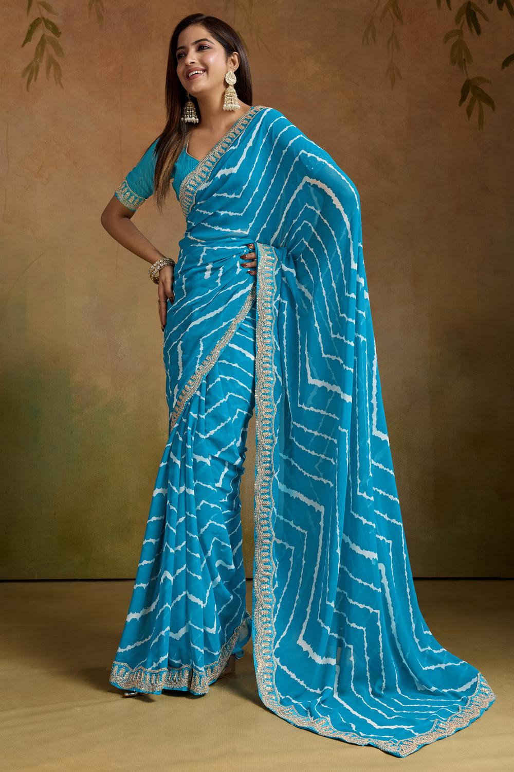 Malina Light Blue Georgette Bandhani Striped Ready to Wear One Minute Saree