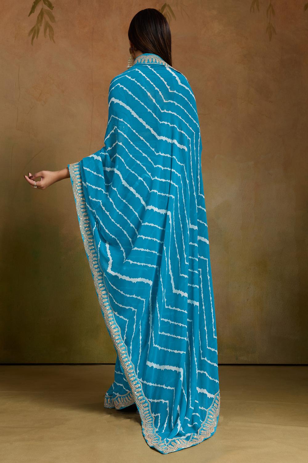 Malina Light Blue Georgette Bandhani Striped Ready to Wear One Minute Saree