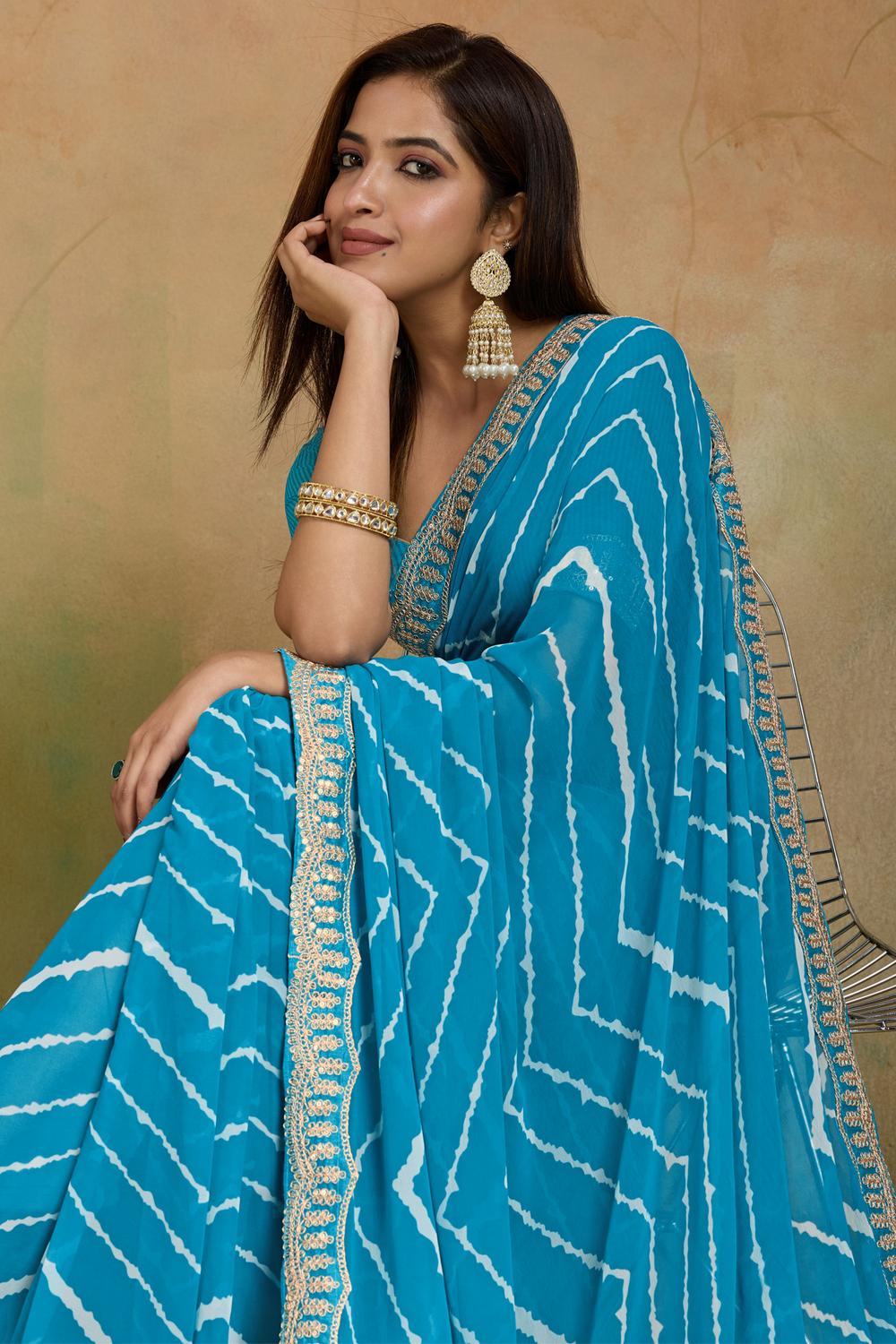 Malina Light Blue Georgette Bandhani Striped Ready to Wear One Minute Saree