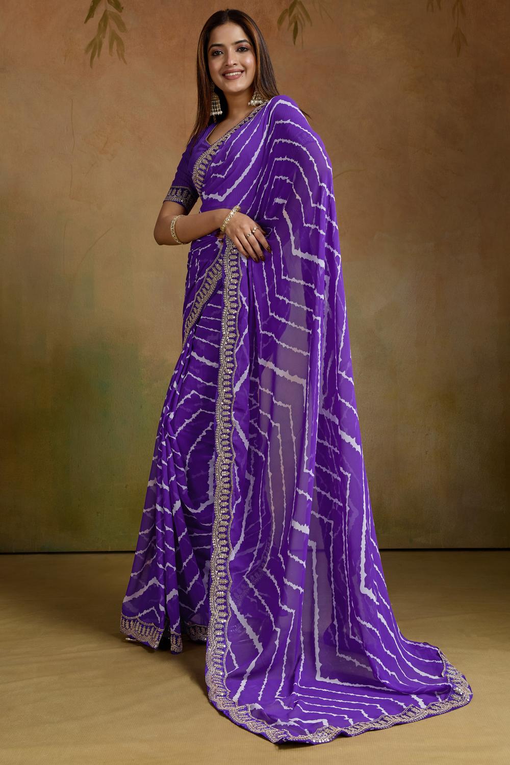 Malina Purple Georgette Bandhani Striped Ready to Wear One Minute Saree
