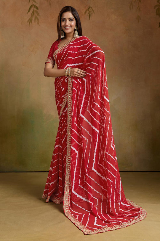 Malina Red Georgette Bandhani Striped Ready to Wear One Minute Saree