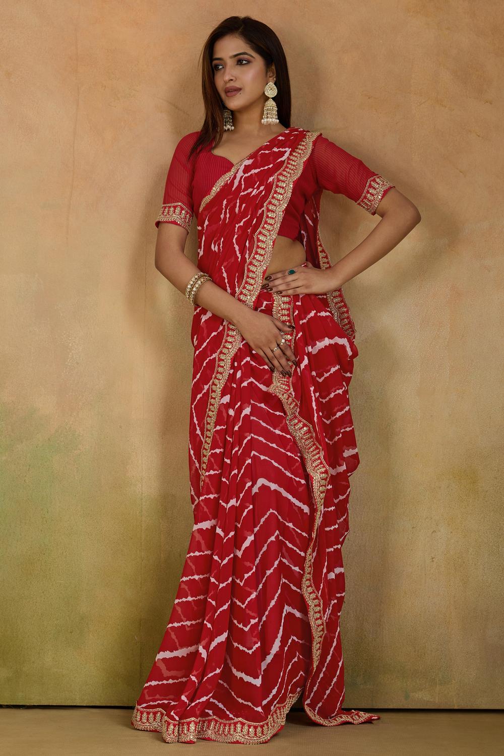 Malina Red Georgette Bandhani Striped Ready to Wear One Minute Saree