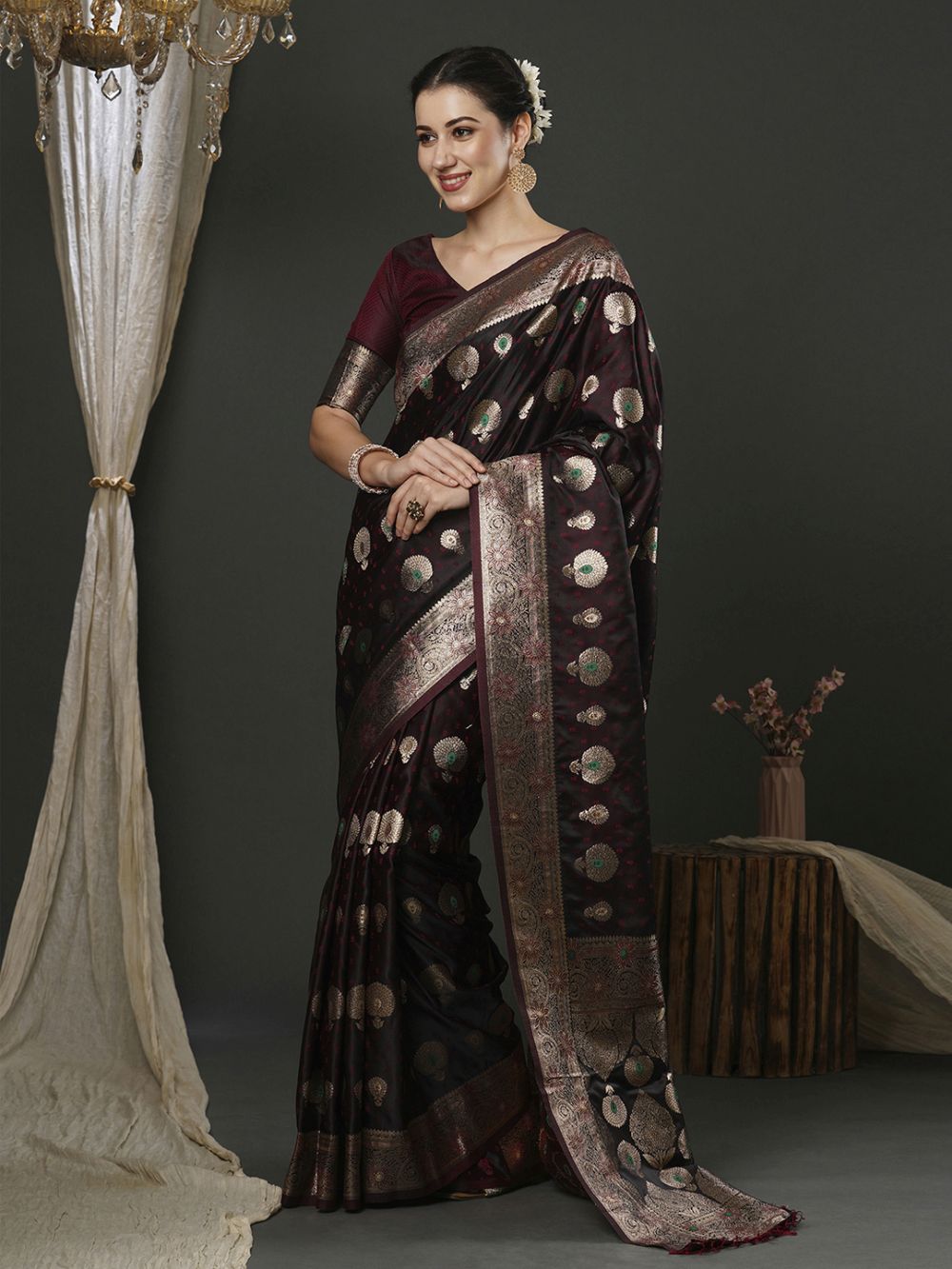 Cheri Brown Silk Printed One Minute Saree