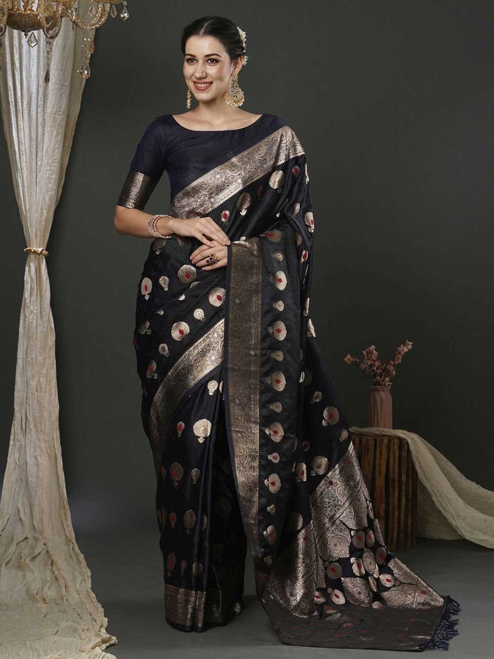 Reshma Dark Blue Silk Printed One Minute Saree