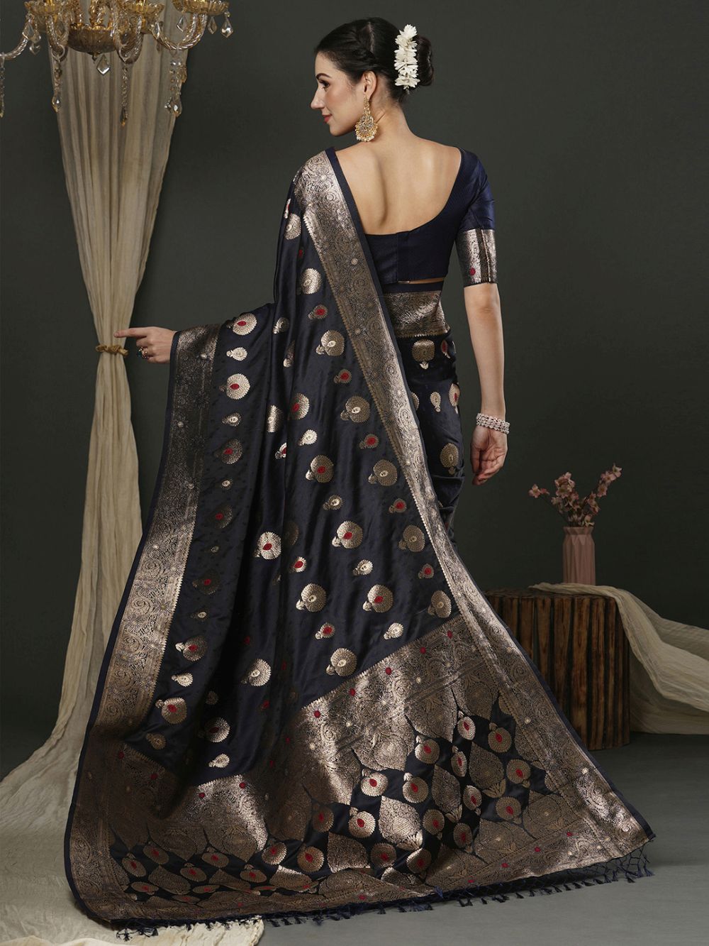 Reshma Dark Blue Silk Printed One Minute Saree