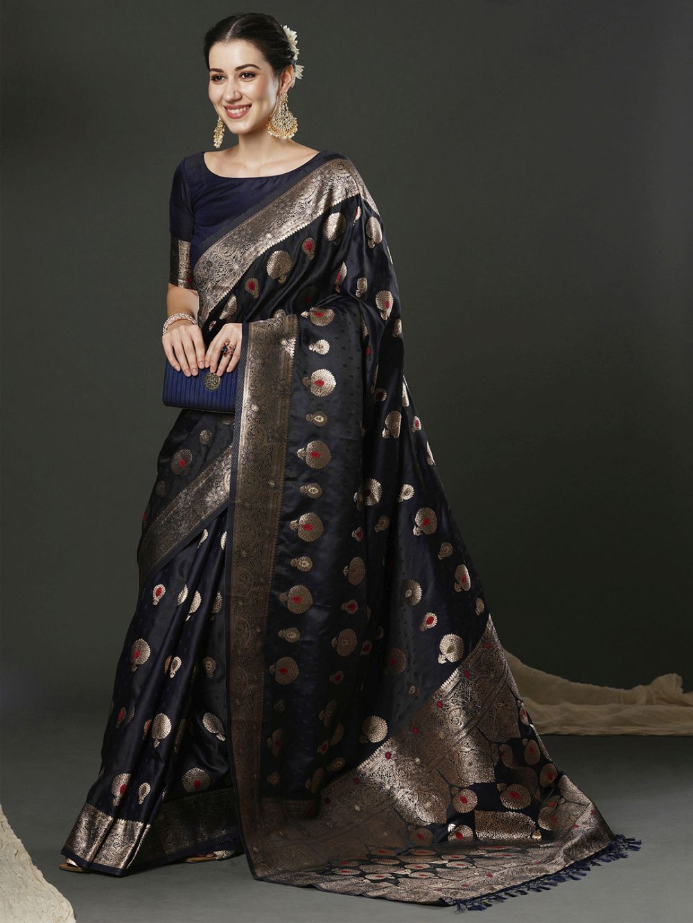 Reshma Dark Blue Silk Printed One Minute Saree