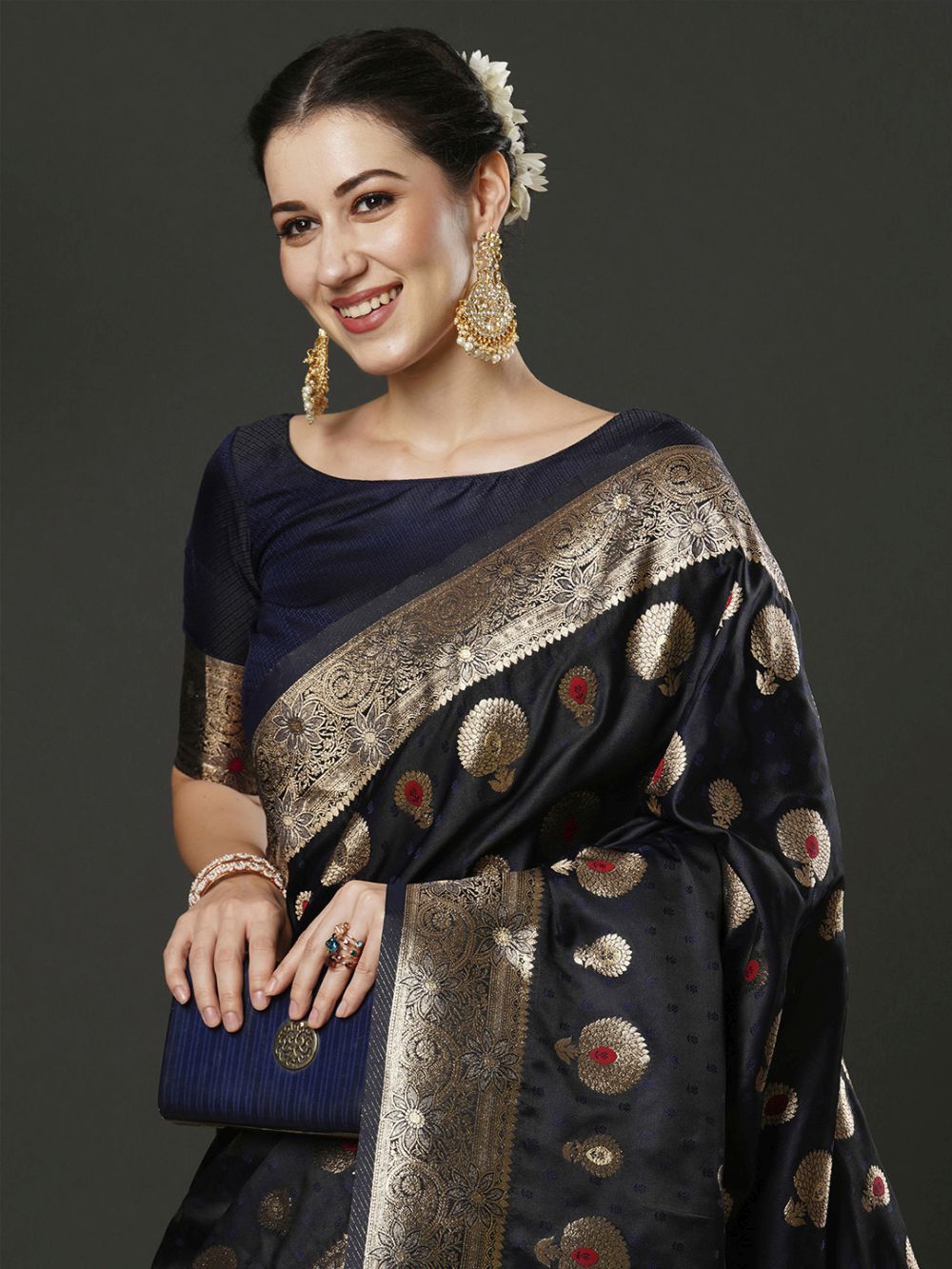 Reshma Dark Blue Silk Printed One Minute Saree