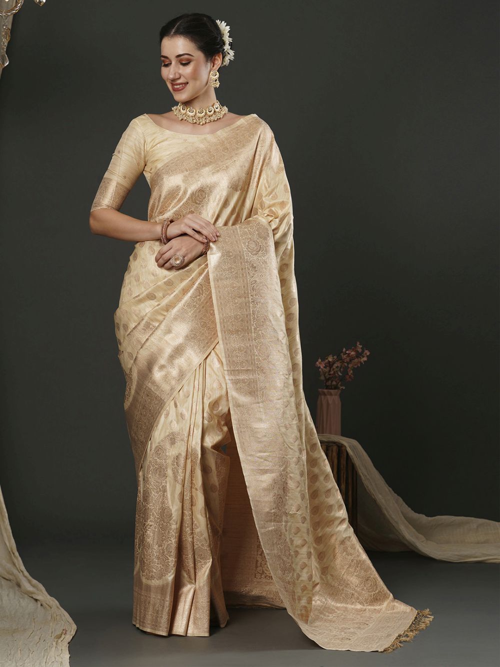 Milan Beige & Gold Silk Printed One Minute Saree