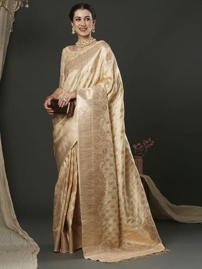 Milan Beige & Gold Silk Printed One Minute Saree