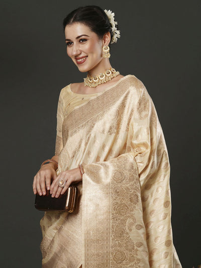Milan Beige & Gold Silk Printed One Minute Saree