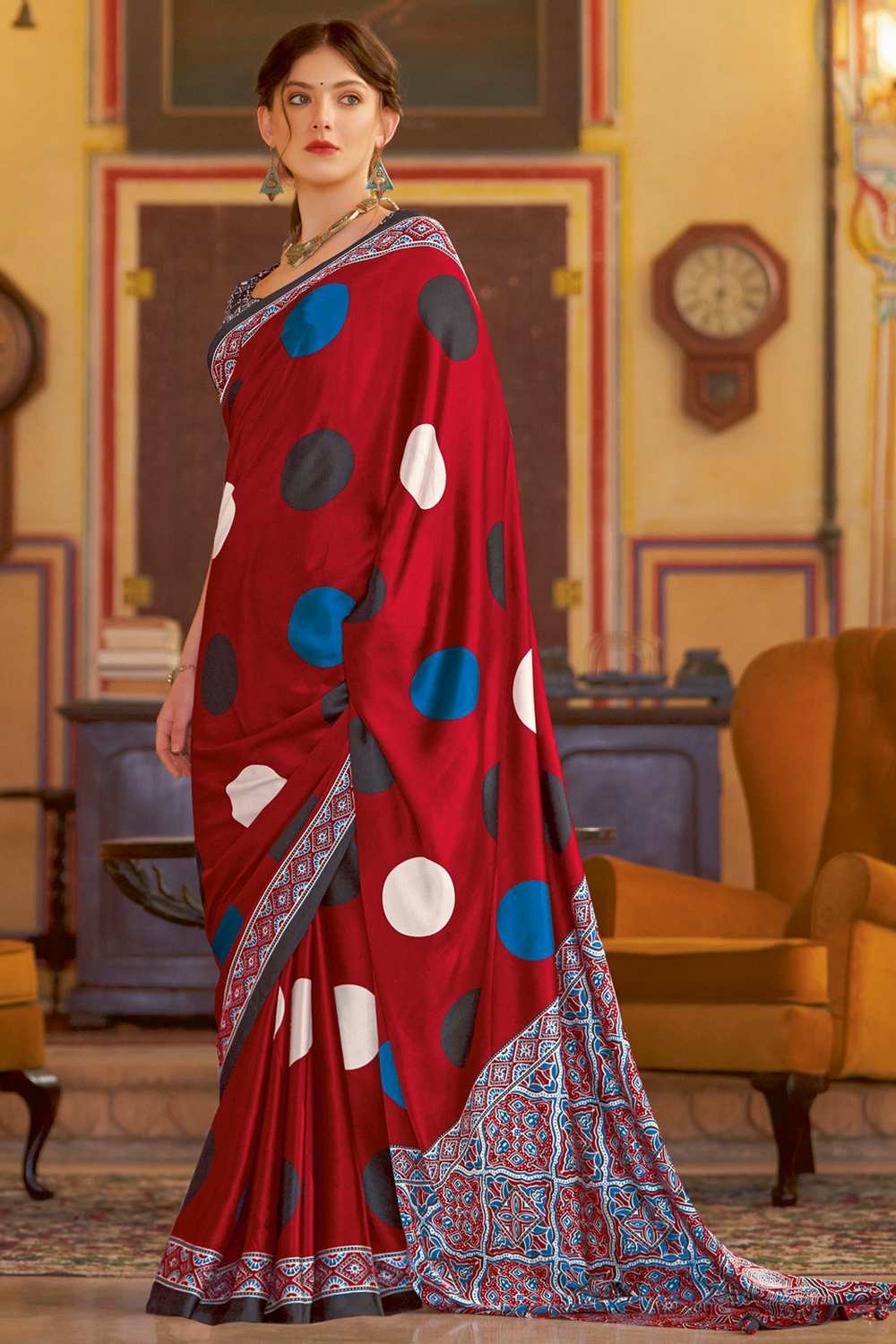Anu Red Crepe Polka Dots Ready To Wear One Minute Saree