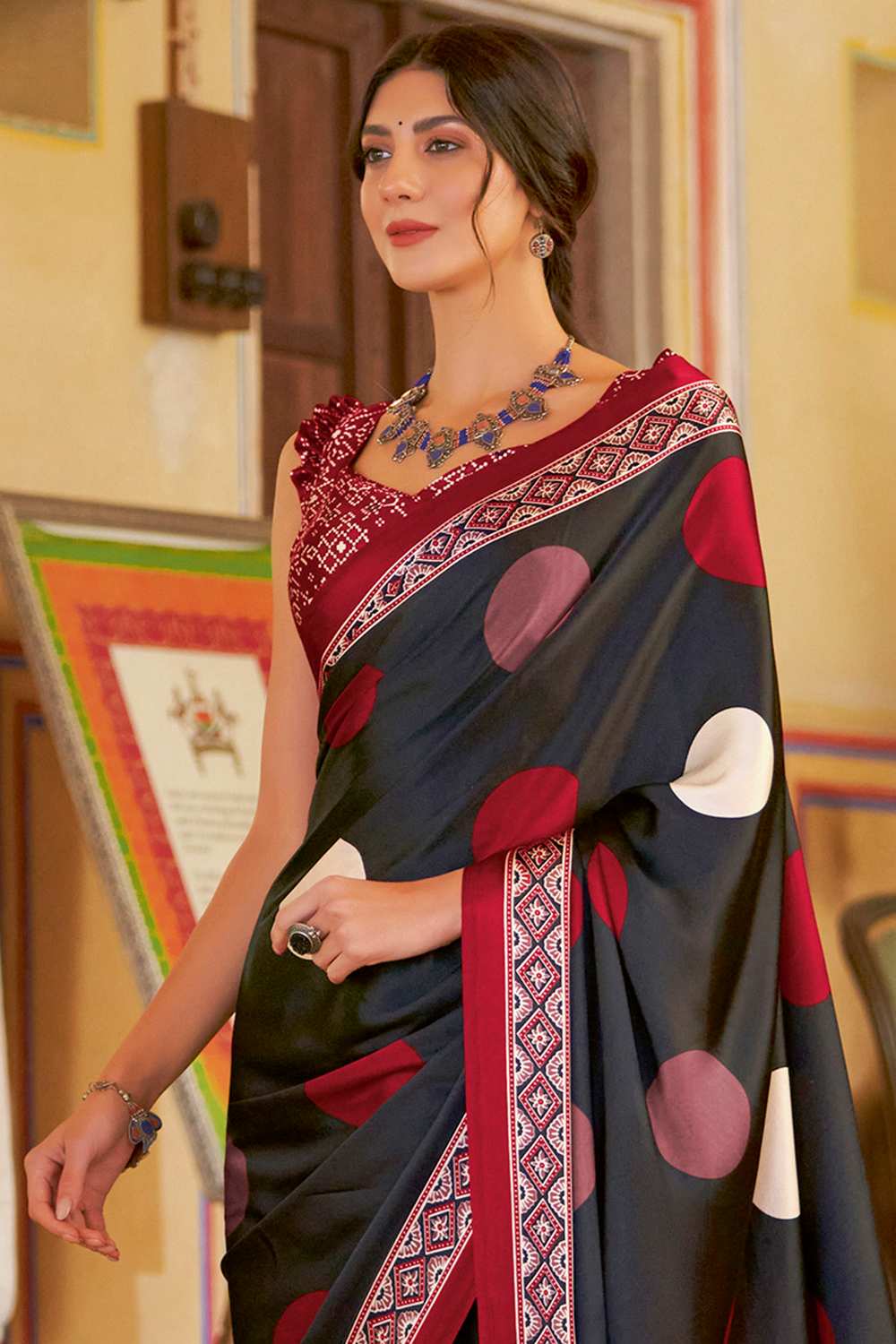 Anu Black Crepe Polka Dots Ready To Wear One Minute Saree