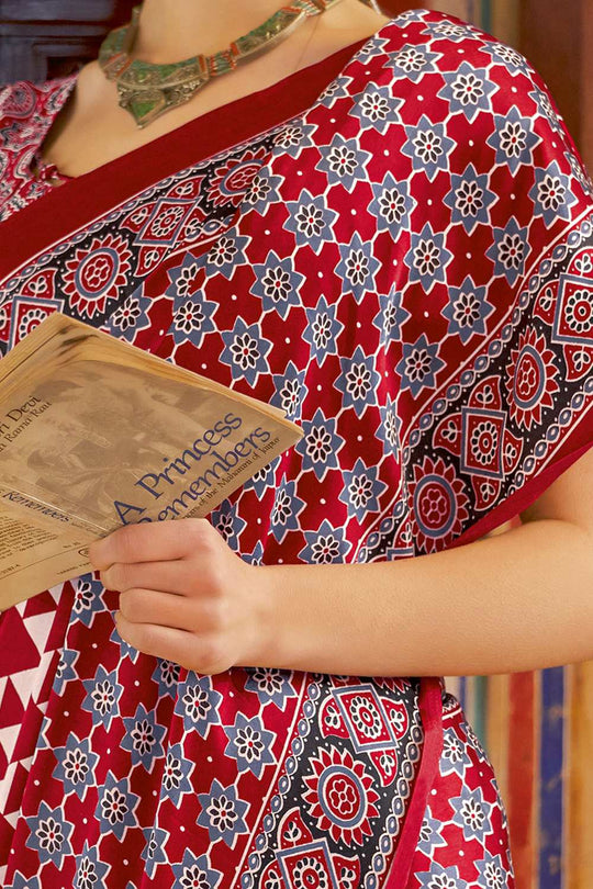 Anu Red Crepe Geometric Printed Ready To Wear One Minute Saree