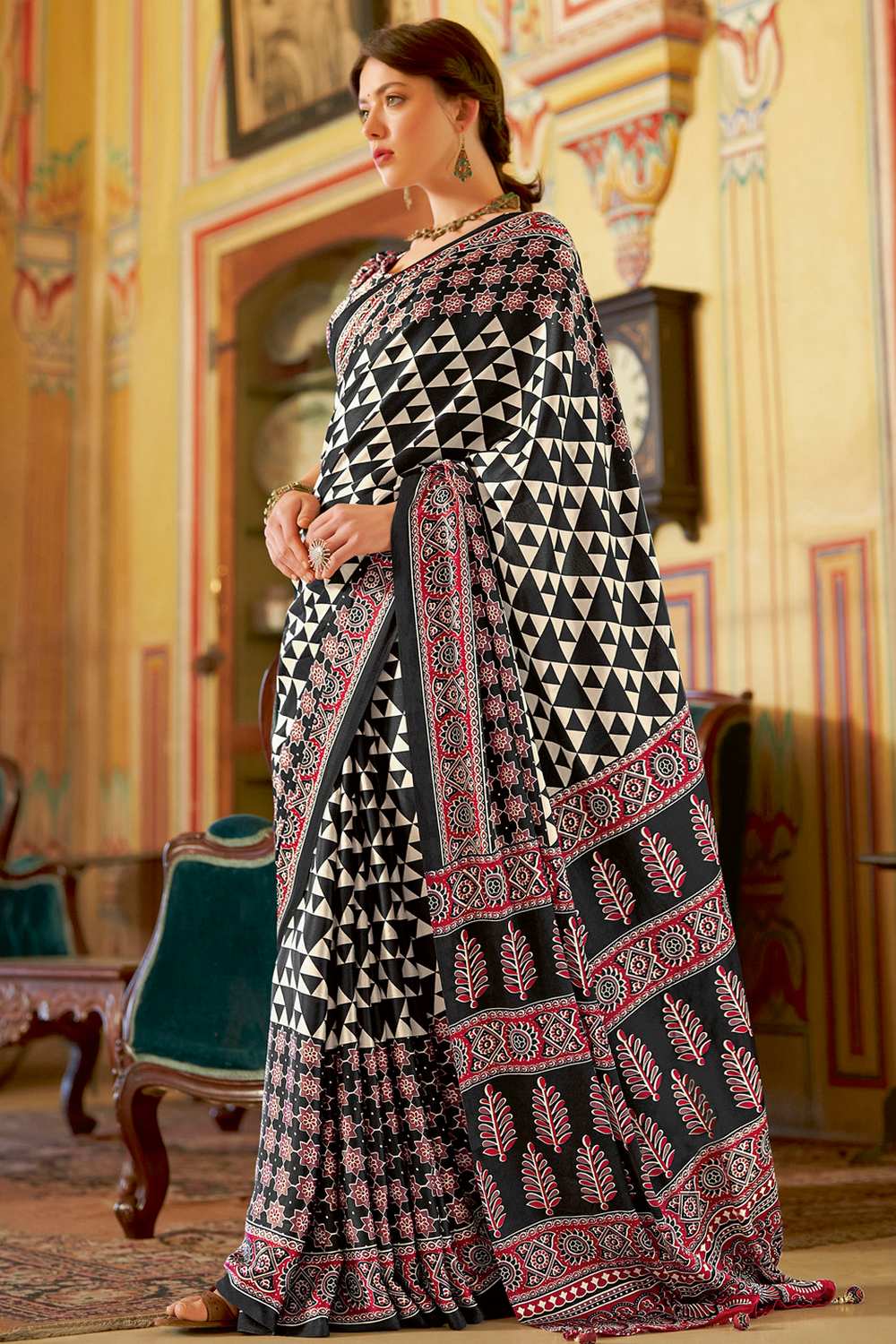 Anu Black Crepe Geometric Printed Ready To Wear One Minute Saree