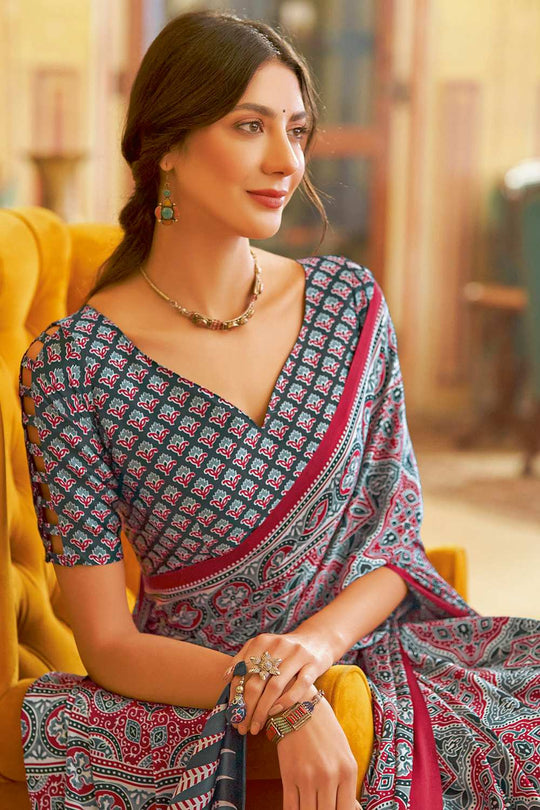 Anu Grey Crepe Ajrakh Ready To Wear One Minute Saree