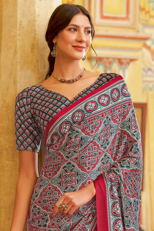 Anu Grey Crepe Ajrakh Ready To Wear One Minute Saree