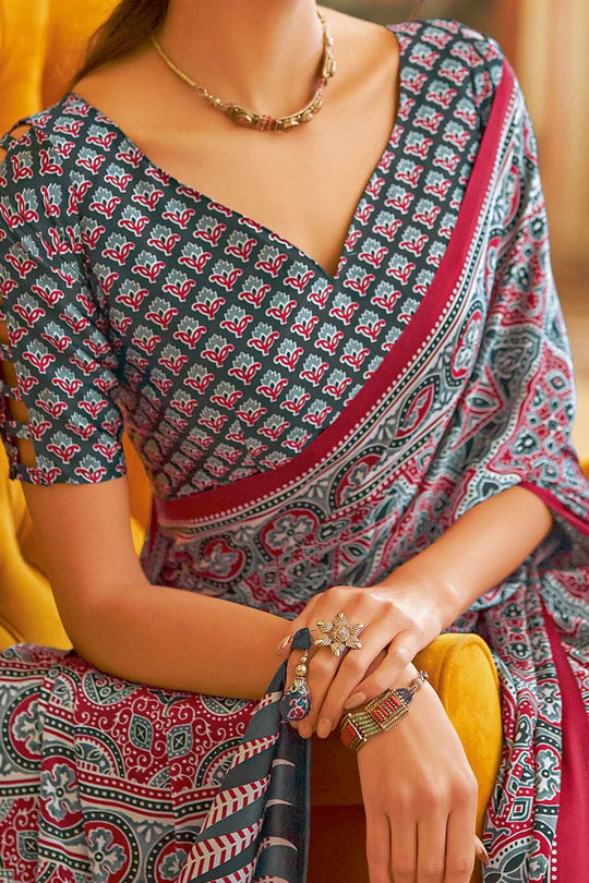 Anu Grey Crepe Ajrakh Ready To Wear One Minute Saree