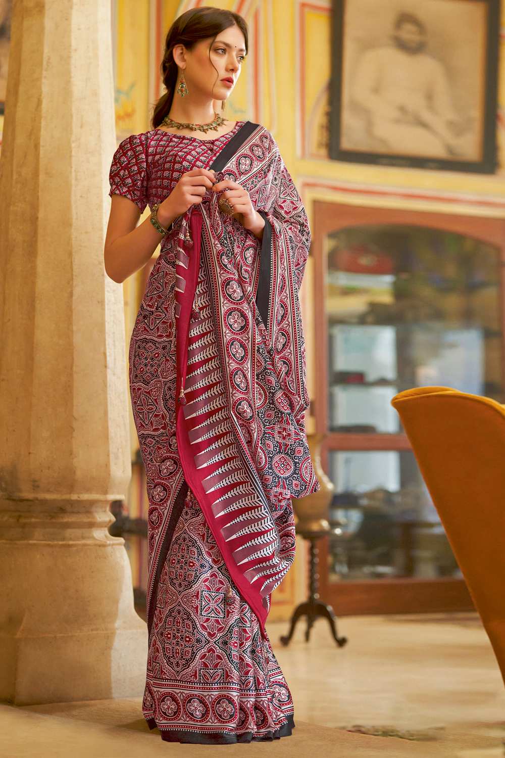 Anu Red Crepe Ajrakh Ready To Wear One Minute Saree