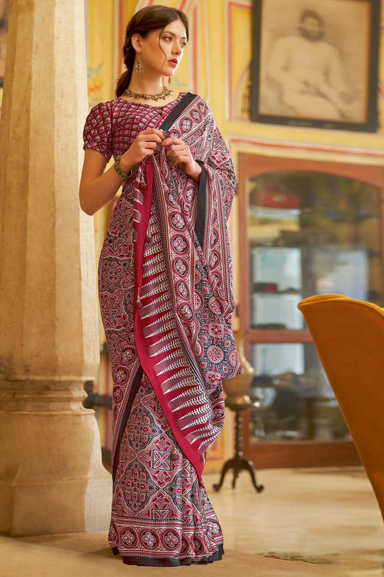 Anu Red Crepe Ajrakh Ready To Wear One Minute Saree
