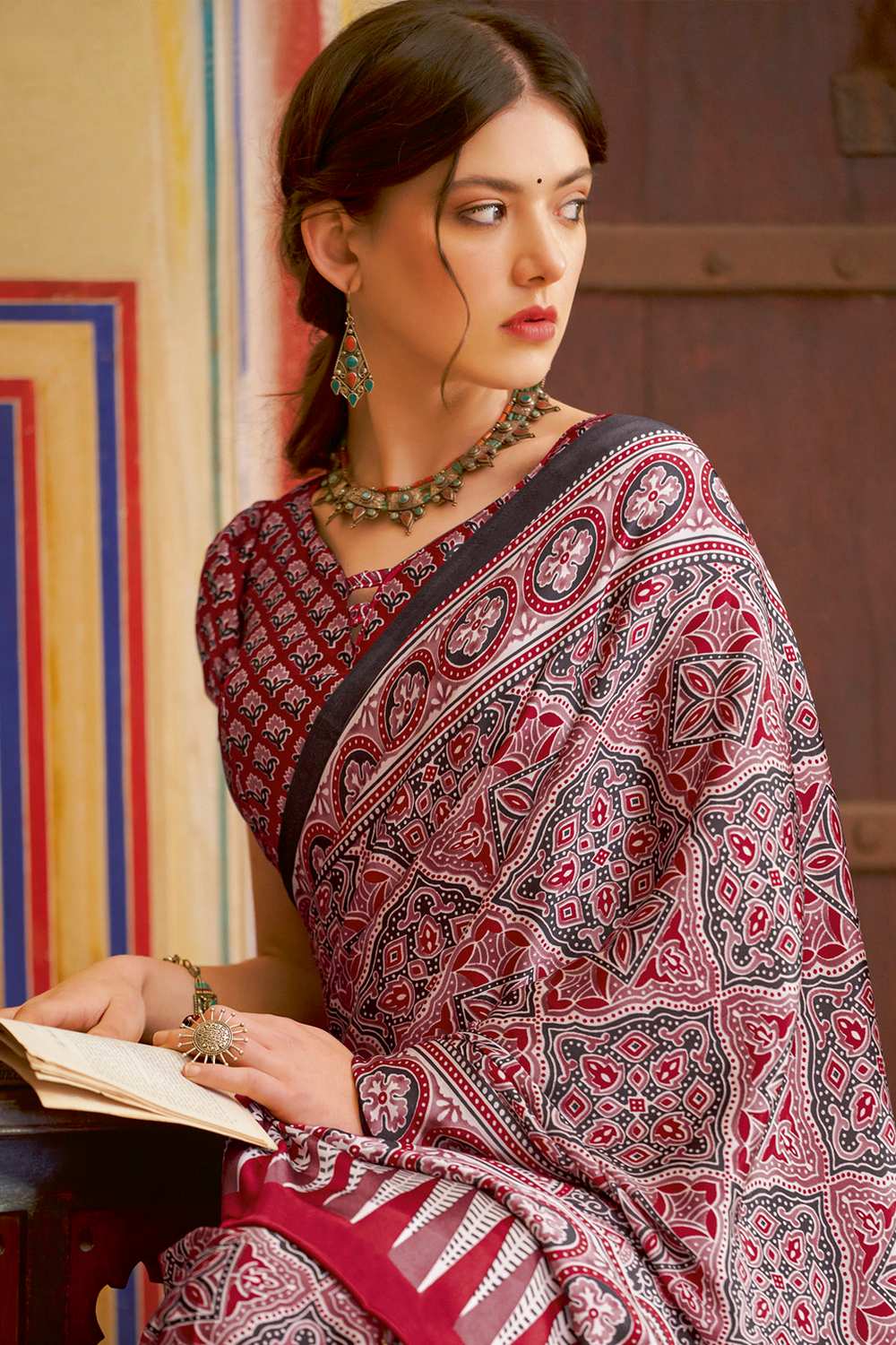 Anu Red Crepe Ajrakh Ready To Wear One Minute Saree