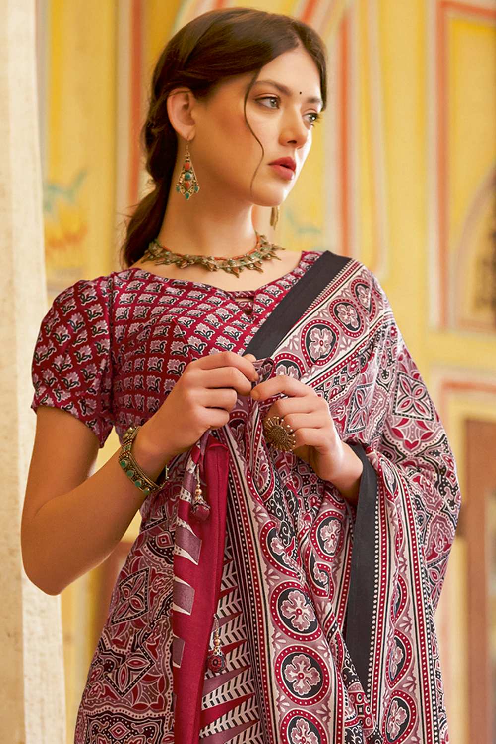 Anu Red Crepe Ajrakh Ready To Wear One Minute Saree