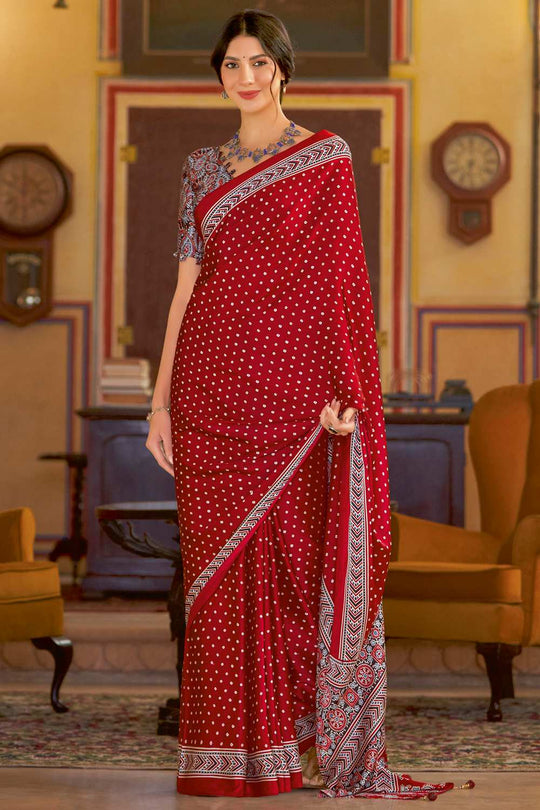 Anu Red Crepe Bandhani Ready To Wear One Minute Saree