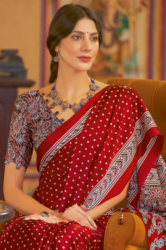 Anu Red Crepe Bandhani Ready To Wear One Minute Saree