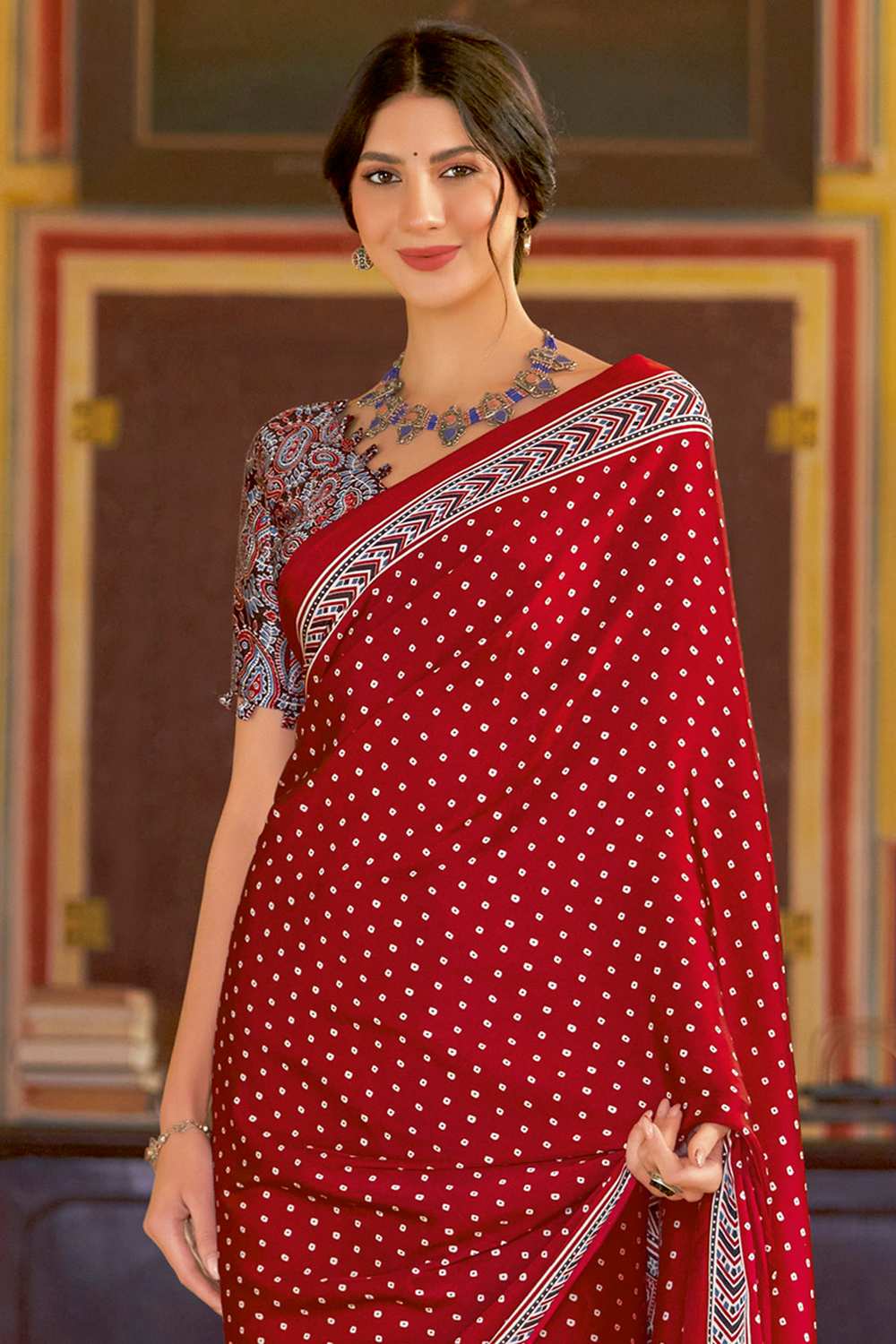 Anu Red Crepe Bandhani Ready To Wear One Minute Saree