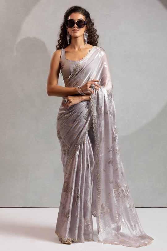 Shelley Grey Satin Silk Beads & Stone Embellished Ready to Wear One Minute Saree