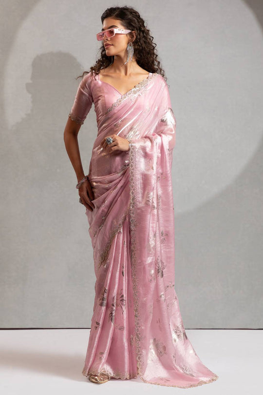 Shelley Pastel Pink Satin Silk Beads & Stone Embellished Ready to Wear One Minute Saree